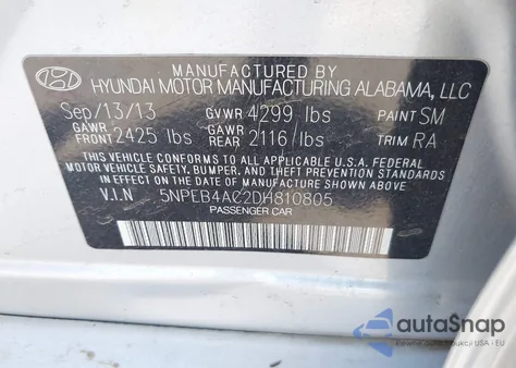 2013 Hyundai Sonata Gls from USA, damaged, VIN 5NPEB4AC2DH810805